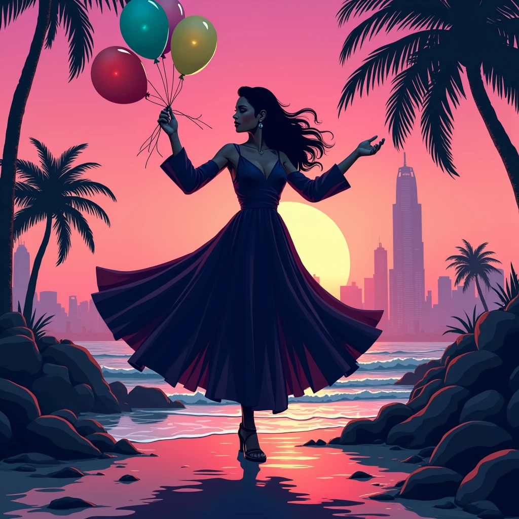 Black shadow of a beautiful woman dancing with her hands up surrounded by hip hop cartoon style balloons, Vice City GTA, rocks on the beach background (view from below)