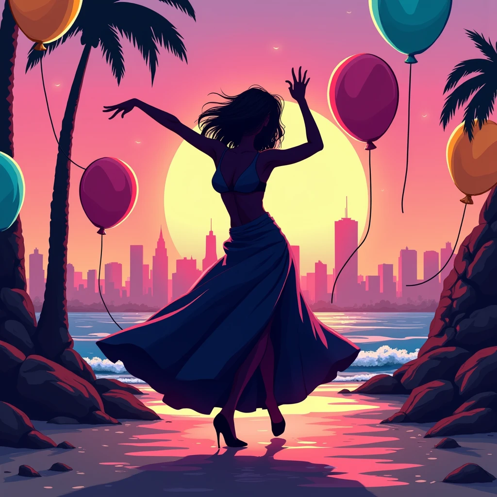 Black shadow of a beautiful woman in oversized clothes dancing with her hands up surrounded by hip hop cartoon style balloons, Vice City GTA, rocks on the beach background (view from below)