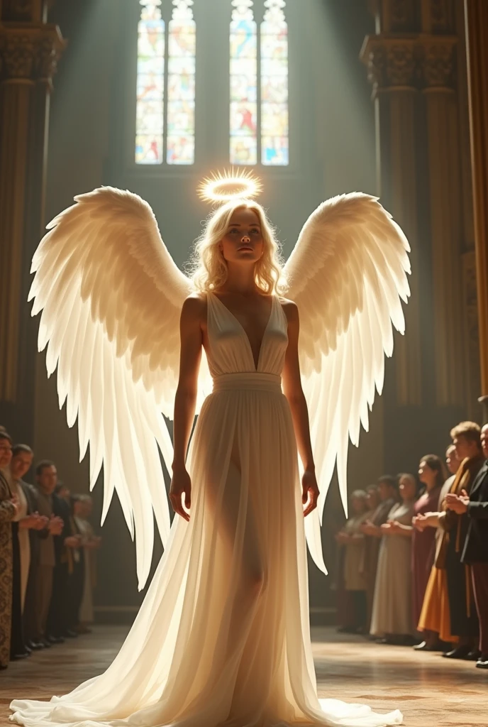 An angel inspired by what Kate Beckinsale looked like at 40, with platinum blonde hair. She has a large pair of white wings and is wearing a transparent silk dress that flutters gently around her.. in the head, a holy crown shines, accentuating its majestic presence. She stands in a dignified and graceful pose inside a grand cathedral., full of intricate details and with a crowd in the background. The scene is illuminated in a cinematic way, creating a dramatic atmosphere. The style is photorealistic, with 8K resolution, highlighting the image as a stunning visual work of art.