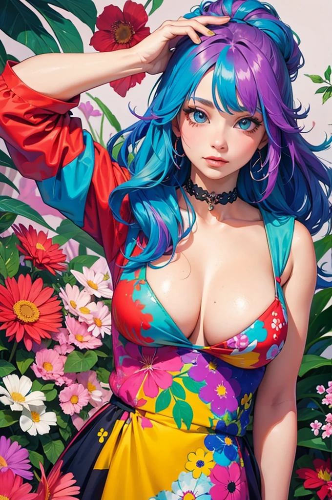 Big and colorful flowers Girl Upper body Colorful hair color