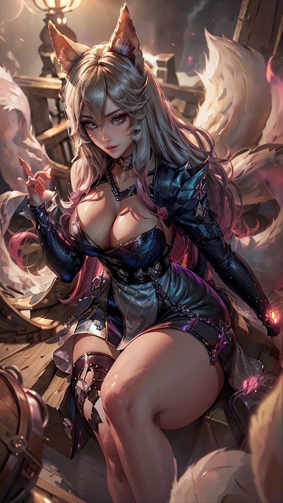 Ahri da league of legends,(best qualityer,4K,8k,high resolution, work of art:1.2)(weather: windy), 1girl, Japanese female, spirit forest background, red and white long sleeve korean kimono dress, cleavage, spirit sphere, cute makeup, thigh high boots, belt, long black hair, braided hair, fox ears, multiple fox tails, ultra detailed, realistic, portrait, beautiful detailed yellow eyes, beautiful detailed lips, extremely detailed eye and face, beautiful girl, long eyelashes, sexly, average, large breasts, beaming smile, fighting, stunning curves, bright coloured, dramatic lighting,