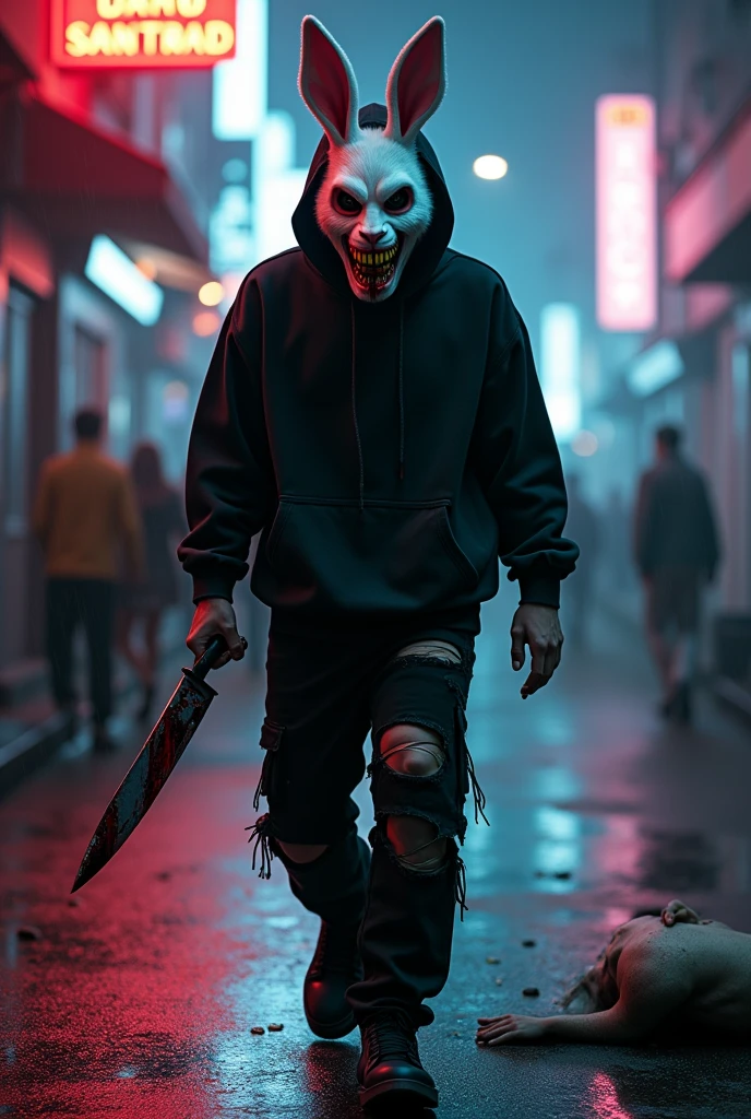 lizoldBS_soul3142,1 male, furry White bloody rabbit mask with creepy smile and yellow bloody teeth, completely Black hoodie, standing in the city street at night, neon lights in the background, steampunk, dystopia, ethereal, detailed, masterpiece, best quality, dramatic lighting, full body, torn Black pants, blood stains, walking to camera, holding ritual knife in the right hand, dead bodies in the background, bloody massacre, more blood, raining