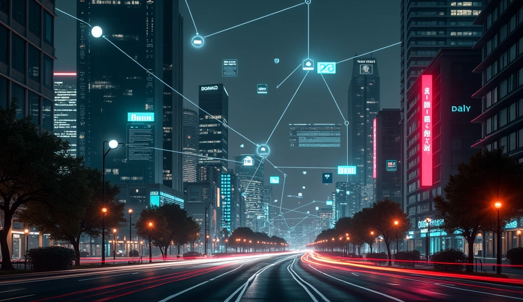 Artificial image of Networks and IoT, in smart city applications, with the same writings in the image.