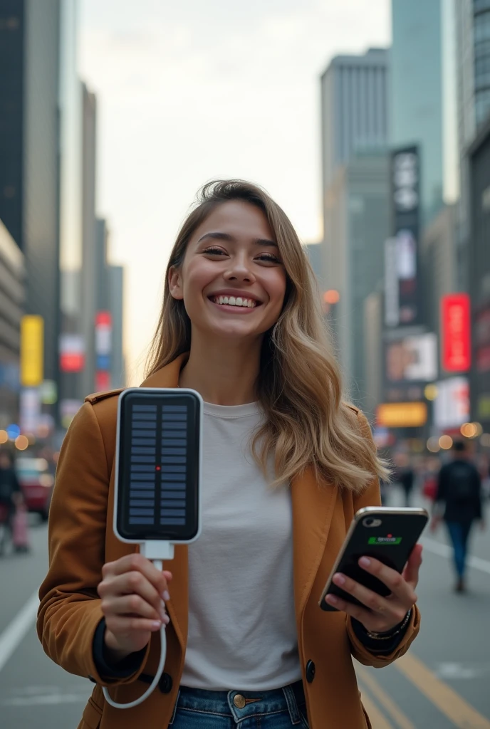 Happy person in a big city showing that he is holding in his left hand a portable charger with a small white solar panel and in his right hand a cell phone with 100% of battery