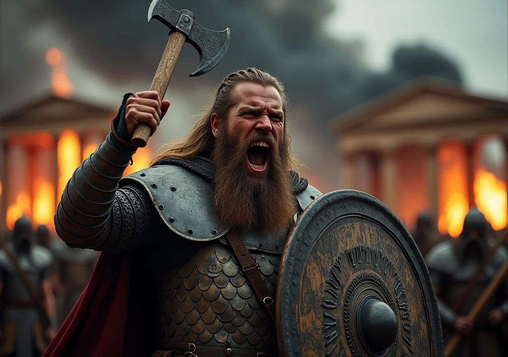 ((((create a three-quarter perspective hyperrealistic photograph almost in profile, ultra-detailed photo by Sony fx 9.50 mm, f/1.4 of a long-haired German with dirty blonde braided beard, fierce and screaming face, super-detailed wrinkles on his face, with armor of metallic scales, behind by an ornate circular wooden shield)))), ((((((holds an ax in his raised right hand))))), ((((behind in the background several barbarians))) and ((((majestic many Greco-Roman temples on fire, catching fire, black smoke, many sparks))) (((cinematic style, dark night skies)))