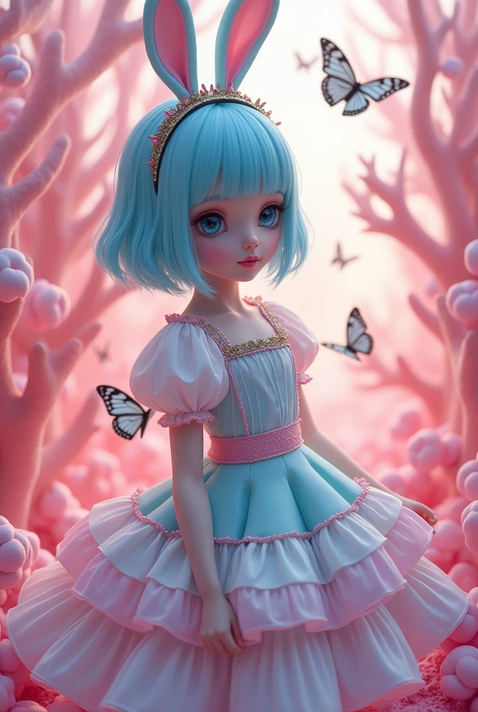 A girl, Tiffany blue hair, Tiffany blue hair, Short hair, (With metal rabbit ear headband: 1.2), full bodyesbian, (Exquisite features: 1.5), Put on fantastic clothes, Surrealist frilled skirt, The color of the dress is Tiffany blue and pink gradient, There are pink marshmallows around，Like coral, Dance on pink dotted with black butterflies, The overall ambient color is Tiffany, style of surrealism, artistic photograph, in wonderland, Tiffany's dream, Soft dreams, Transparent light, high-definition photography,
