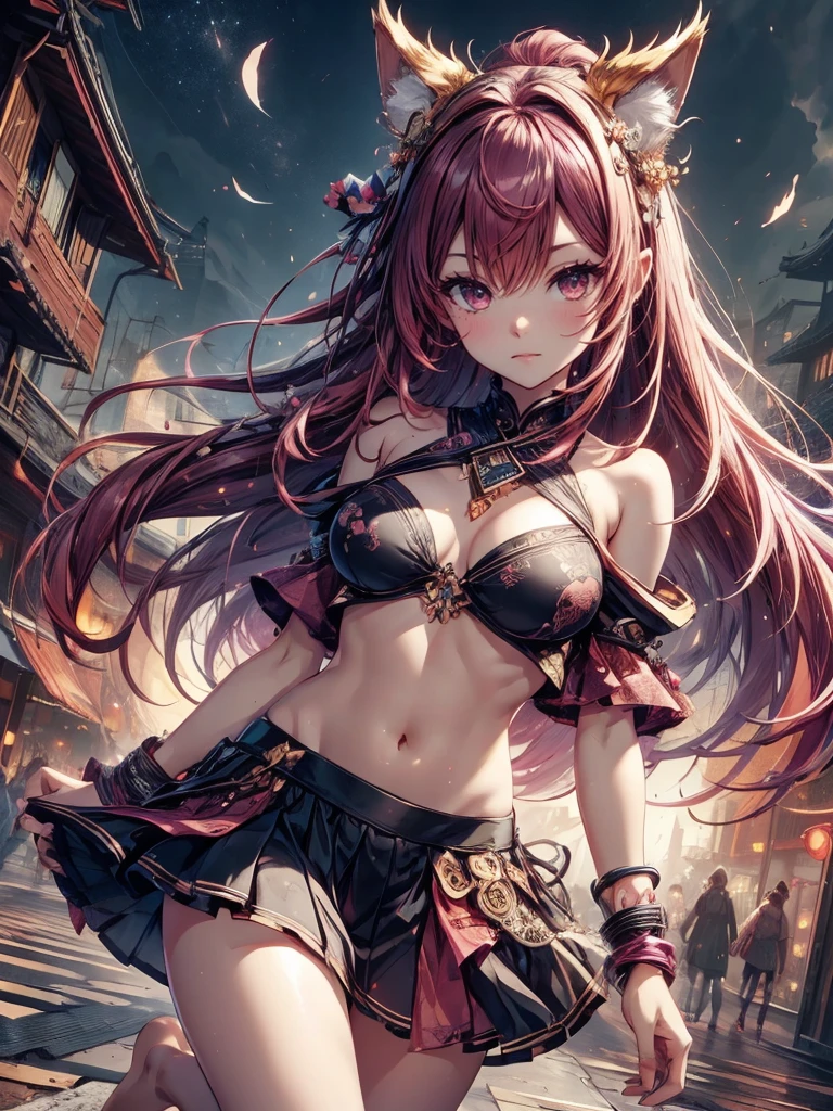 Japanesse beautifull girl, pink & brown hair add high definition_detail:1, kitsune ears, tribal tattoo add_detail:1, in hell add_detail, barefoot, city night landscape add_detail:1 ,alas hermosas la mejor calidad y detail en las flumas, blue saturation light, ( black blouse navel, black navel skirt))
