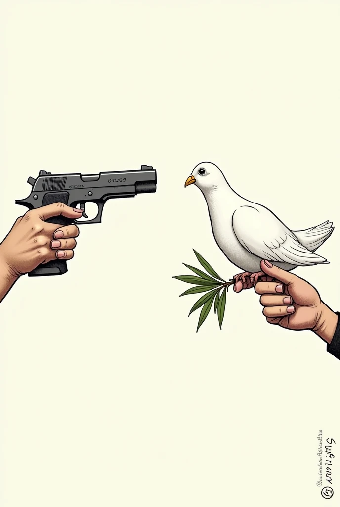 From the point of view of a cartoonist, he makes a drawing of a woman&#39;s arm with a gun pointing at a dove of peace with an olive branch in its beak.