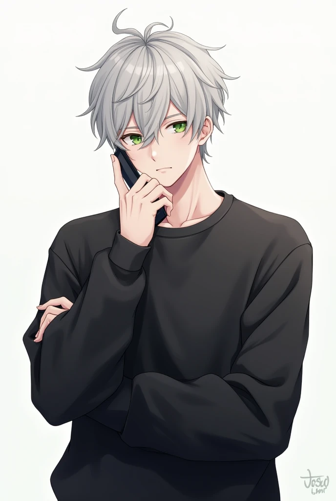 This image is、Shows the illustration of a young man。He is wearing a black sweatshirt、While holding the smartphone in one hand、The other hand is supporting the chin。His hair is short、In pale grey、I feel a little disorganized.、The eyes are bright green。His expression seems a little thoughtful.、It creates a calm atmosphere。The background is simple、His appearance stands out。overall、Stylish and attractive visuals。