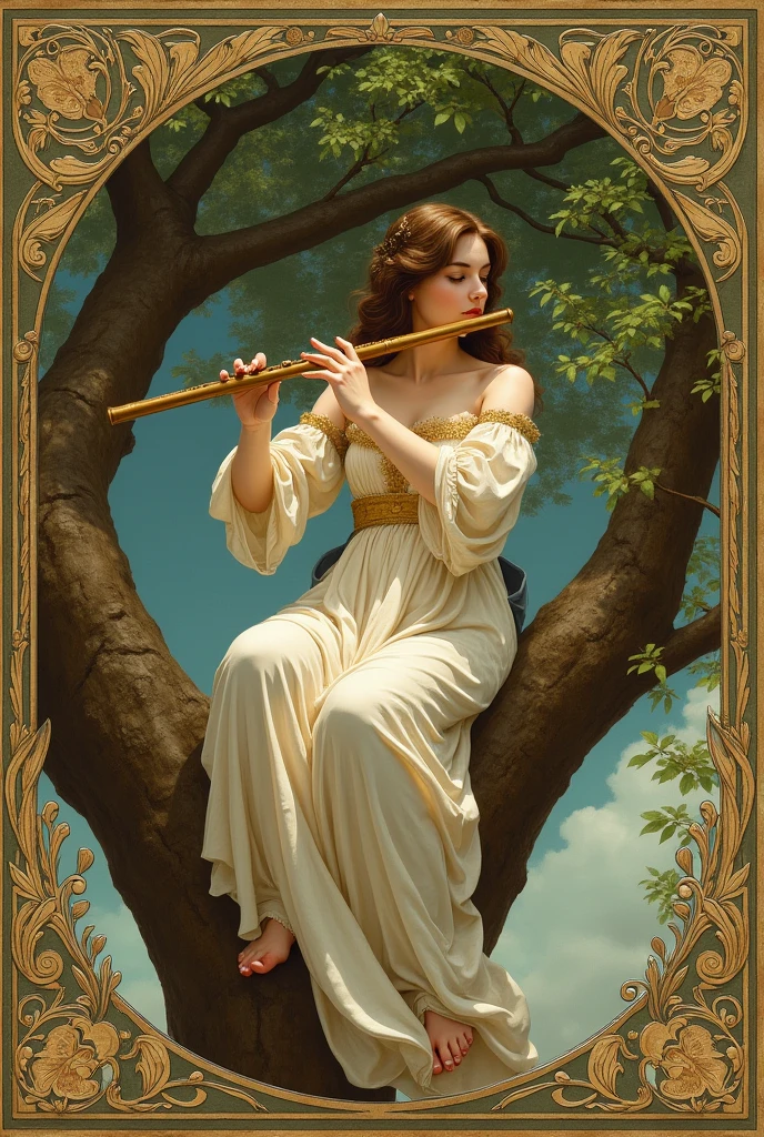 Woman playing the flute with both hands sitting in a tree, Renaissance style.
Very decorated frame, Mucha Style.