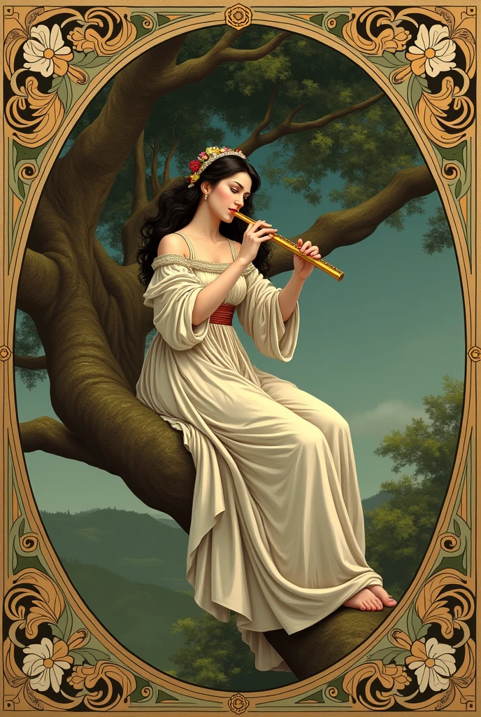 Woman playing the flute with both hands sitting in a tree, Renaissance style.
Very decorated frame, Mucha Style.
