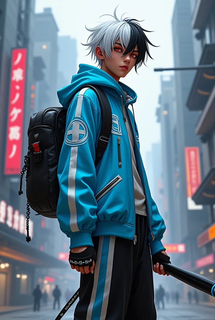 Chico, half white half black hair, Red eyes, Light blue long sleeve jacket with white lines and circles, long black pants with light blue ribbons, Holding in his right hand a black bat with blue lines, black backpack, cyberpunk city background.