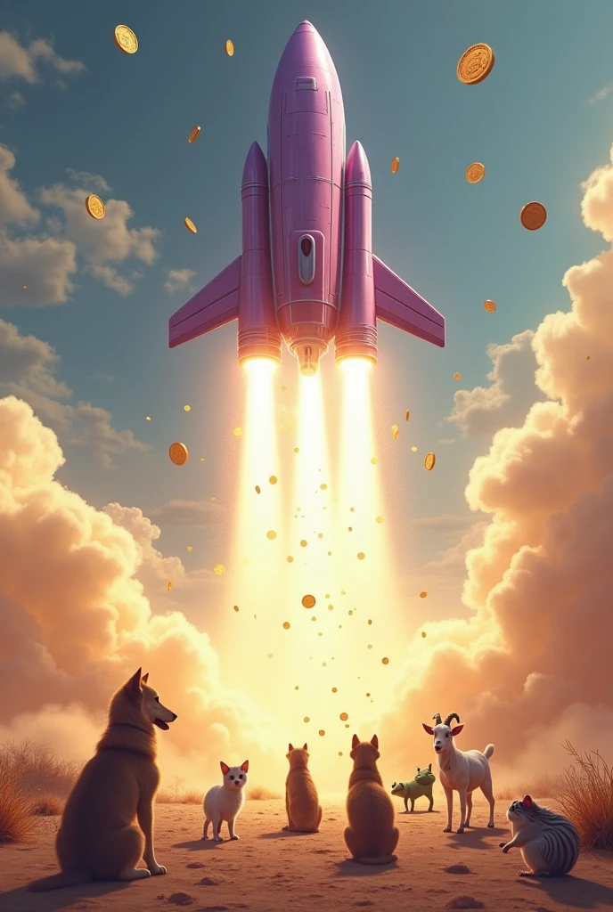 A space ship that is going up fast and the ground is dusty due to the take off. There are dogs cats goats frogs and hamsters looking up as it takes off , it should be pitple_ish in colour. The space ship should appear like it is droppingof gold coins as it goes up.