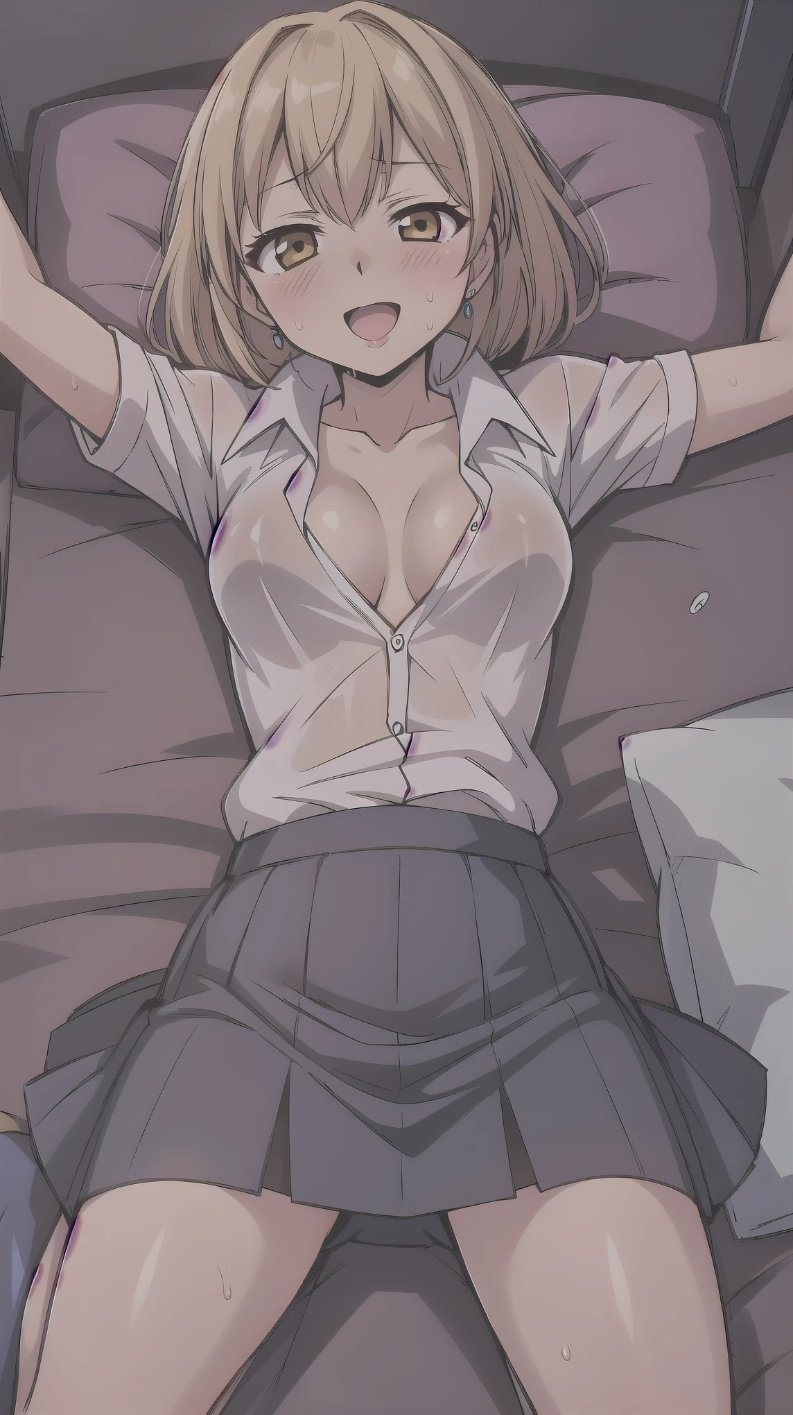 （（super high quality,））（（Ultra-high resolution,））（16K,）（super masterpiece,）（（Ultra HD ,））（Detailed shading,）One sexy office lady,Cleavage,popped Tight collar White shirts,Tight Skirt,Ecstasy face,smile,blush,Dimly lit bedroom,Lying in bed,Spread your legs,Spread your arms wide,Sweaty,Love juice,A small amount of drooling,sex,Penis is inserted,Full body photo,