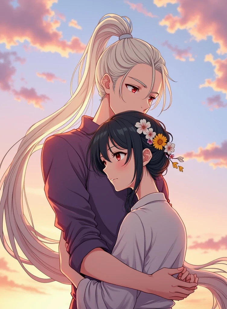 It's going to be a boy with long white hair, tied in a ponytail, He has red eyes and white skin., He's going to be hugging a girl with long black hair, with a sunset background.
anime style