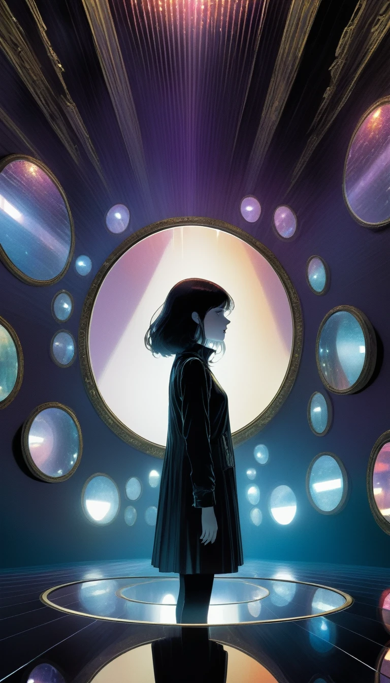 scenery, (no humans:1.5), (infinity mirror:1.5), (facing mirrors:1.5), opposite mirror, mirror in mirror, countless mirror, indoors, dark, horror (theme), (masterpiece), (best quality), (ultra-detailed), (hires), (illustration), art inspired by Bill Sienkiewicz and Dave McKean

