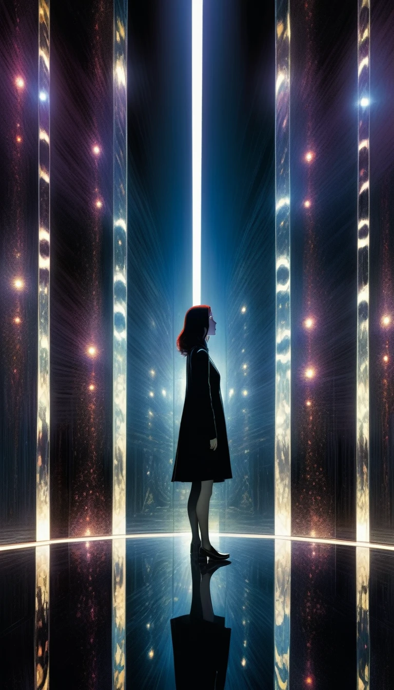 scenery, (no humans:1.5), (infinity mirror:1.5), (facing mirrors:1.5), opposite mirror, mirror in mirror, countless mirror, indoors, dark, horror (theme), (masterpiece), (best quality), (ultra-detailed), (hires), (illustration), art inspired by Bill Sienkiewicz and Dave McKean