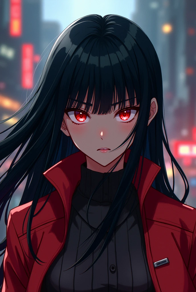 from the anime my hero academia with long black hair and straight bangs and red eyes