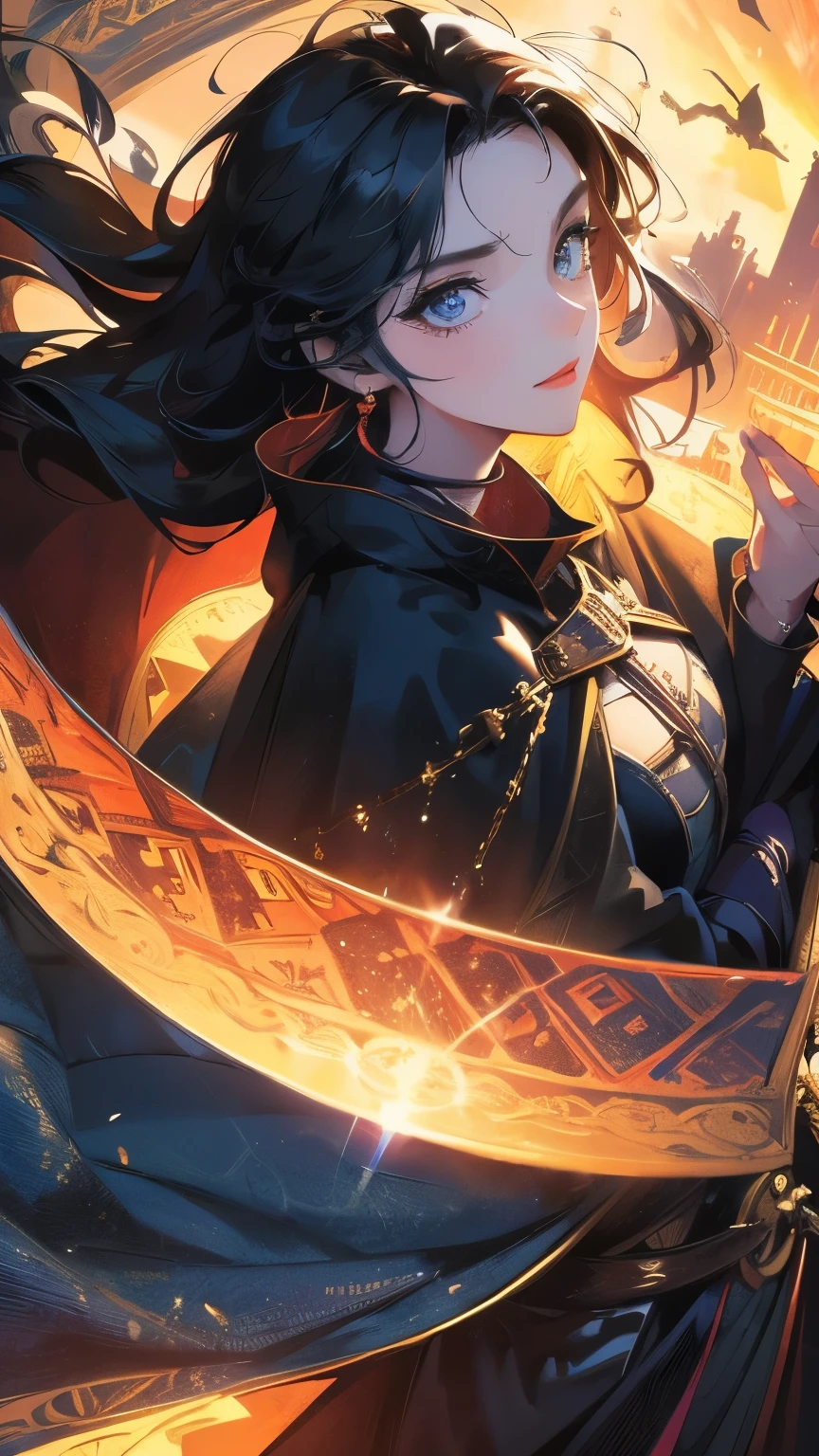 a teenage girl looking at sky on a high place. she has a dark cloak on her. Her thick black hair is waving from the wind. she has a cold expression. She has an earring on one ear.more like a poker face. sky is dark, and whole atmosphere will be dark. from faraway we can see a big, majestic castle. Add a beautiful scenery except the main subjects of the art. Use the rule of thirds. add the essence of fantasy art. Do not use vibrant colors. use low-valued colors.