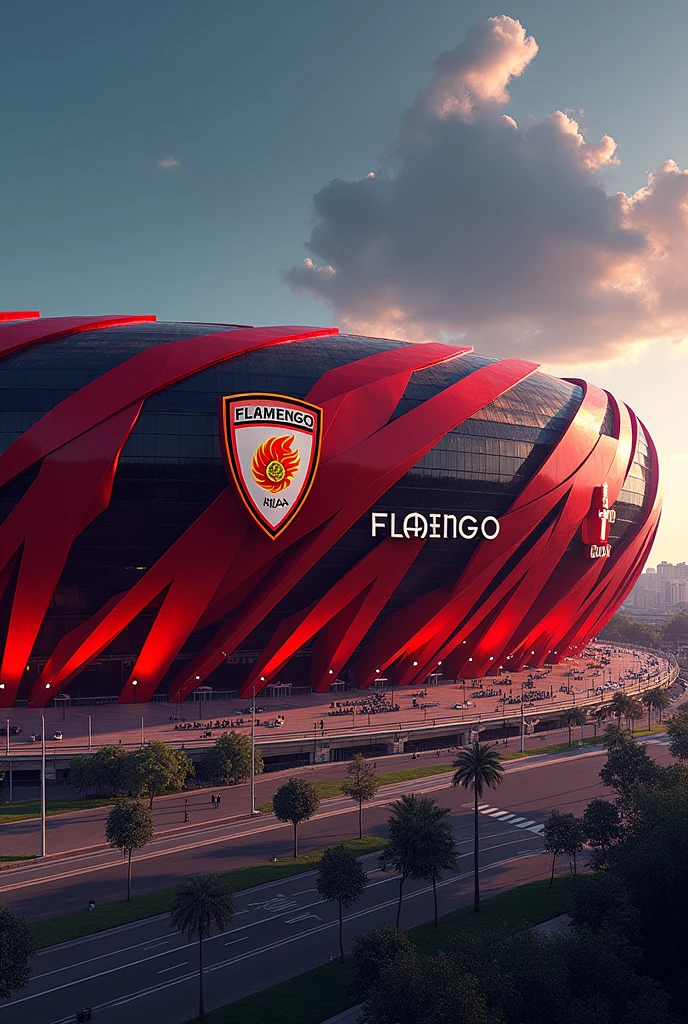 A giant Flamengo football stadium in red and black with the Audi logo and Flamengo shield
