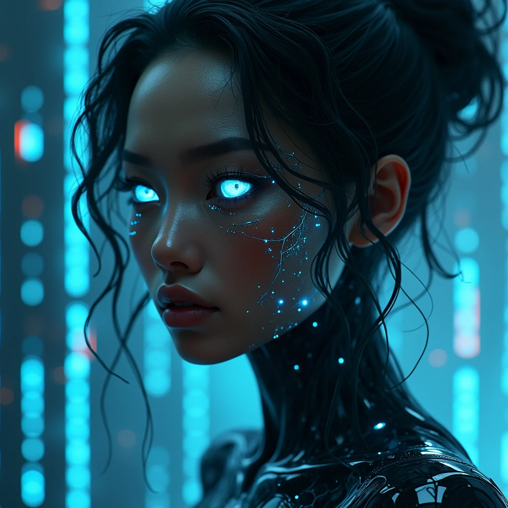 A black woman with Asian features of human appearance, but with AI traits, is highlighted. She has impeccable beauty, but his face and body show small cracks or crevices that reveal circuitry, wires, and blue neon lights beneath the skin. Her eyes shine inhumanly, with a blank expression, without real emotions. The background of the image is a mix of futuristic elements, with cascading binary codes and abstract digital patterns. There is a sense of distrust and coldness in the image., reflecting the idea of something that seems real, but it's not.