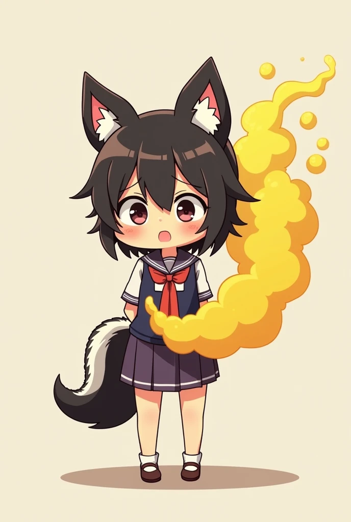 1 Human Girl、anime、animeチック、Skunk Ears、Skunk's Tail、、A large amount of yellow smoke is emitted from the buttocks.、Embarrassing、Fart、solo、Turn your back、