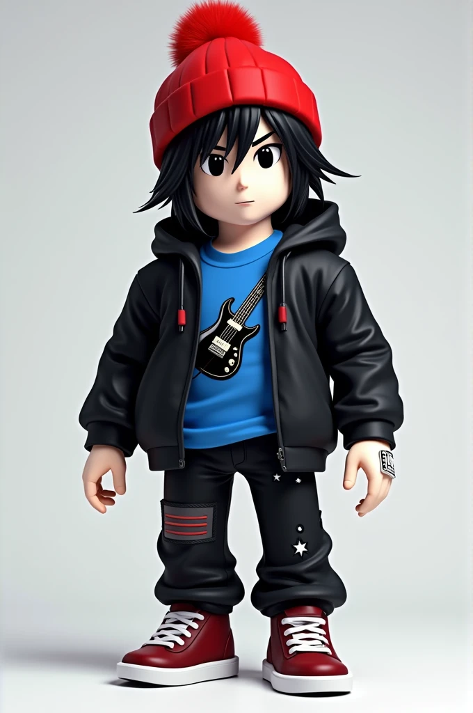 Create a roblox character with pale skin with black hair with a red beanie that has black eyes with a blue guitar shirt and a black hoodie and the pants are black with stars