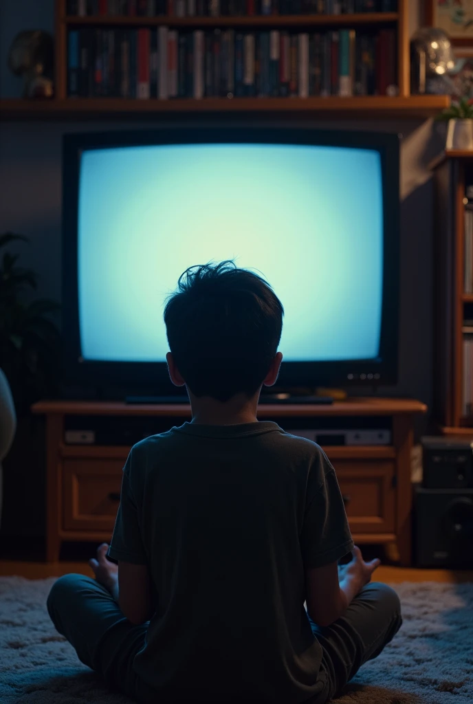  in a house in 2005 playing Playstation 2 in the living room on a tube television Image of him from behind looking at the TV, with the screen blank to facilitate video editing. Add a little more detail to the shelf, such as CDs and games on top, also showing the controller in the boy&#39;s hand.