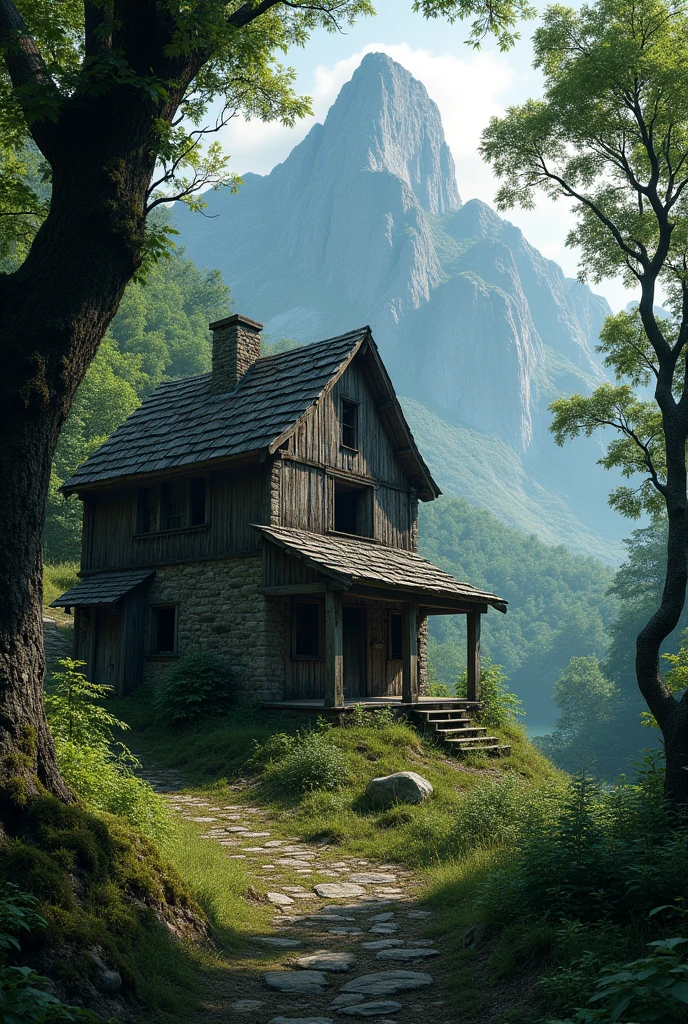 old house at the bottom of a forest observed from the top of a mountain
