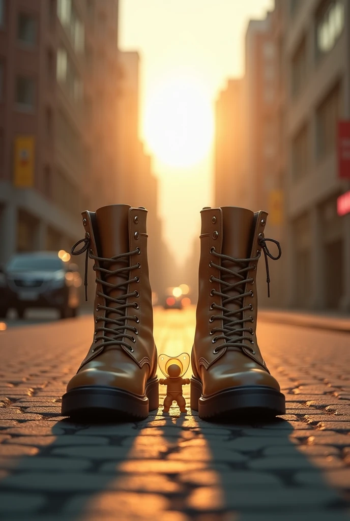 In the middle of the street, a pair of military boots protects a baby pacifier. A halo of light surrounds the sucker. In the background, the buildings reveal the beautiful light of a sunny day.