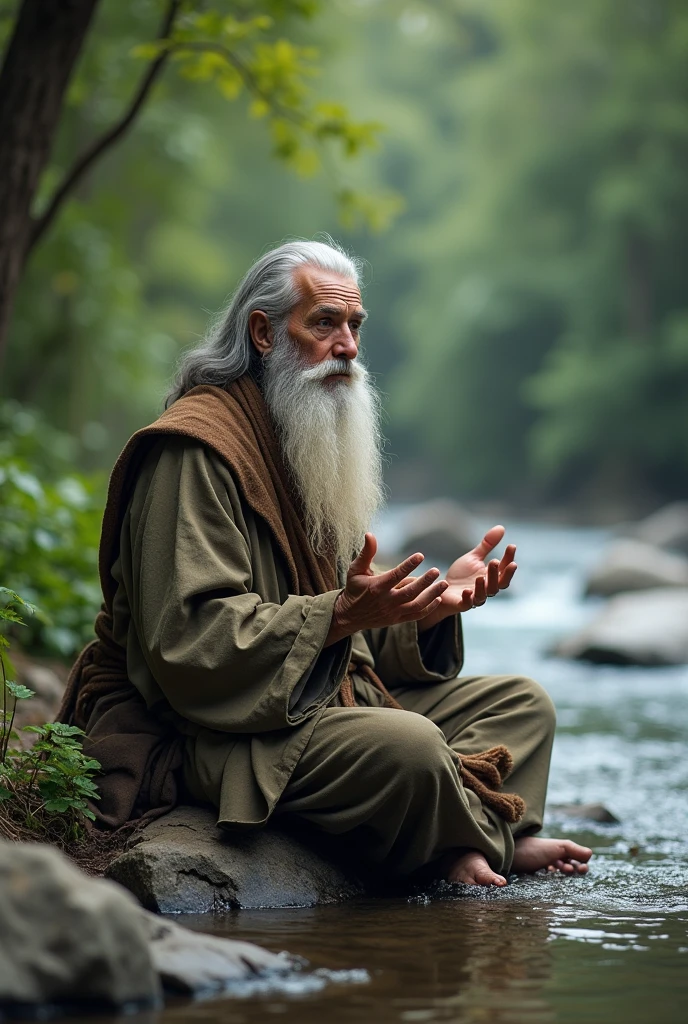 An old wisdomic man talking in the riverbank bank

