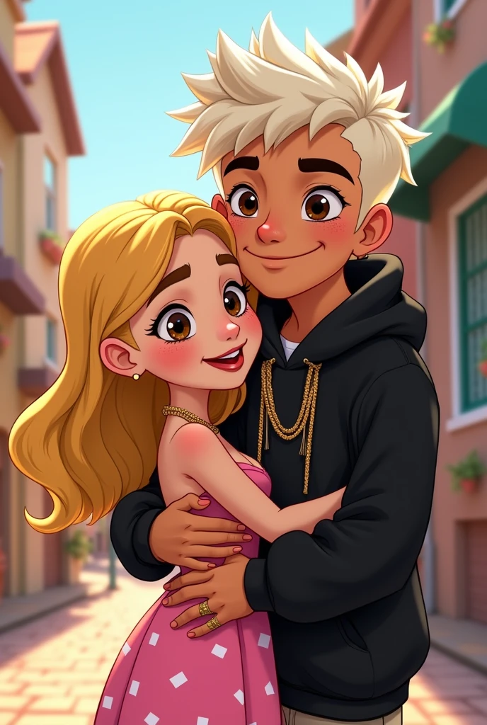 Create a couple of approximately 1 as a Disney-style cartoon , that the boy is a little taller, be a rap singer, with white hair, brown eyes and have a black hoodie and chains. That the boy has a tattoo on the 3 middle fingers of his right hand that say ATB .The girl is blonde , no tattoos, brown eyes with freckles and wearing a pink dress with white squares and the boy is in front and is hugging the girl from behind