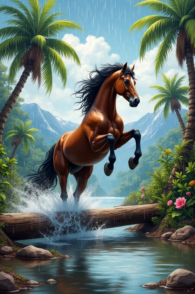 Painted horse, jumping over a log, puddle, various tropical plants, cloudy sky, some raindrops, Snowy mountains in the background