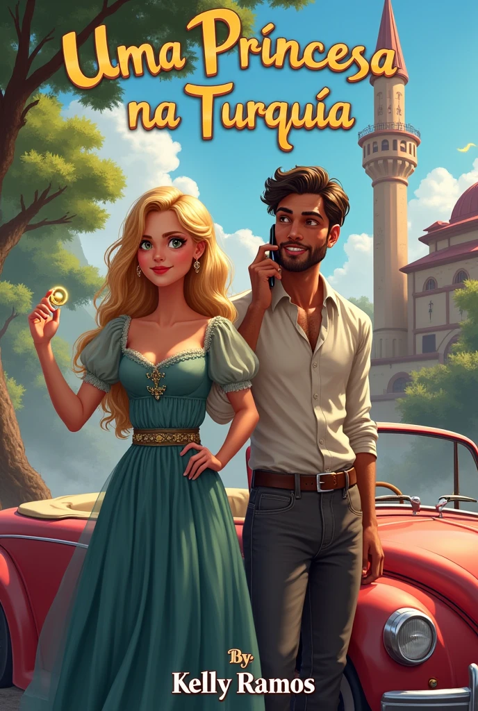 Create the cover of my book A PRINCESS IN TURKEY for me. Put the title in Brazilian Portuguese and my author name Kelly Ramos. Add a building in the background and a convertible car from the year 2023 to the cover of the book.,a princess dressed in dresses circa 1910 , his dark blond hair and blue eyes with a magic ring in his hand and a man dressed in casual clothes handsome and masculine man holding a cell phone talking in his ear make the image as human as possible very realistic