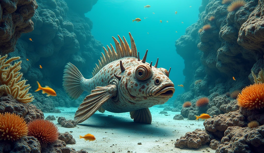 Stonefish camouflaged against the backdrop of rocks and coral on the seabed, with several thorns sticking out of his body.