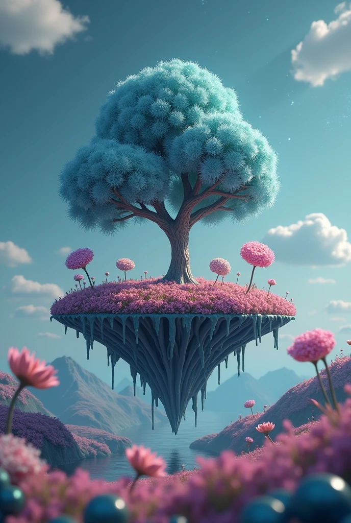 "A stylized 3D animation of a floating island, where the grass is made of metal and the flowers are miniature galaxies spinning in place."