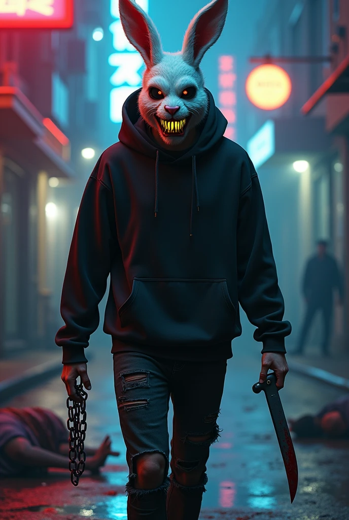 lizoldBS_soul3142,1 male, furry White bloody rabbit mask with creepy smile and yellow bloody teeth, completely Black hoodie, standing in the city street at night, neon lights in the background, steampunk, dystopia, ethereal, detailed, masterpiece, best quality, dramatic lighting, full body, torn Black pants, blood stains, walking to camera, holding ritual knife in the right hand, dead bodies in the background, chains in left hand