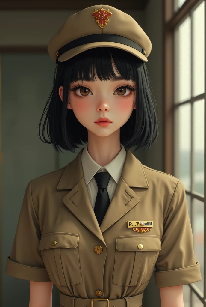  girl with shoulder length straight black hair, with brown eyes contact lenses, stomach 1,52 in uniform with a 50&#39;s themed cap in a faded light brown color