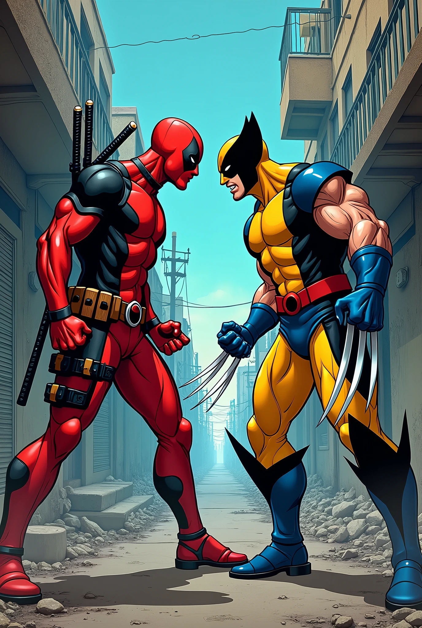 anime version of Deadpool fighting classic wolverine in classic blue and yellow suit from marvel comics