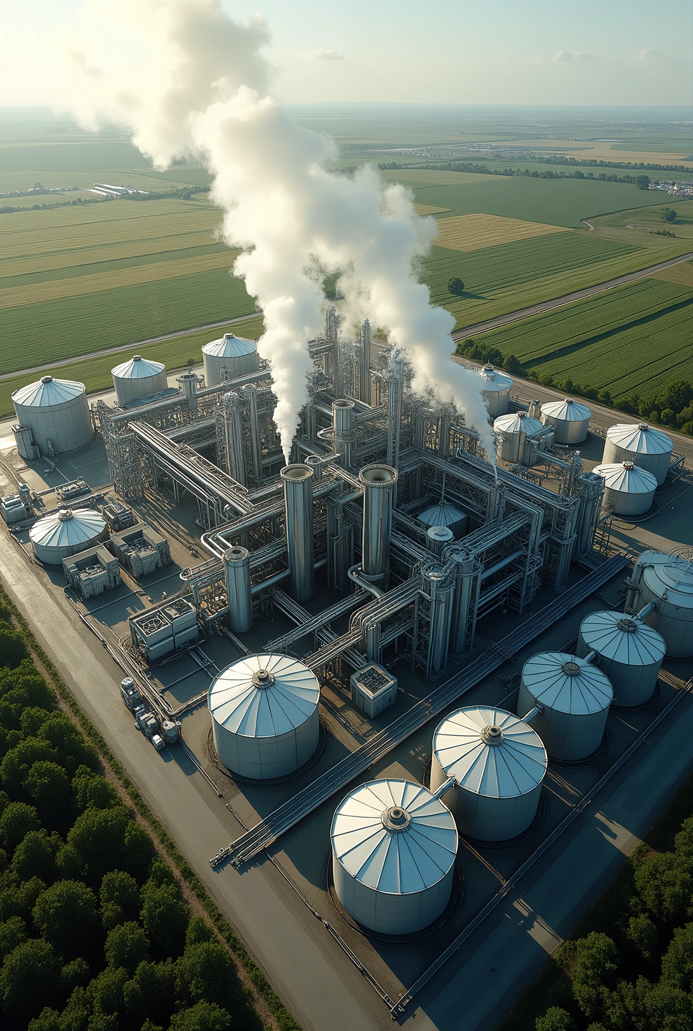 ethanol production plant, aerial view.