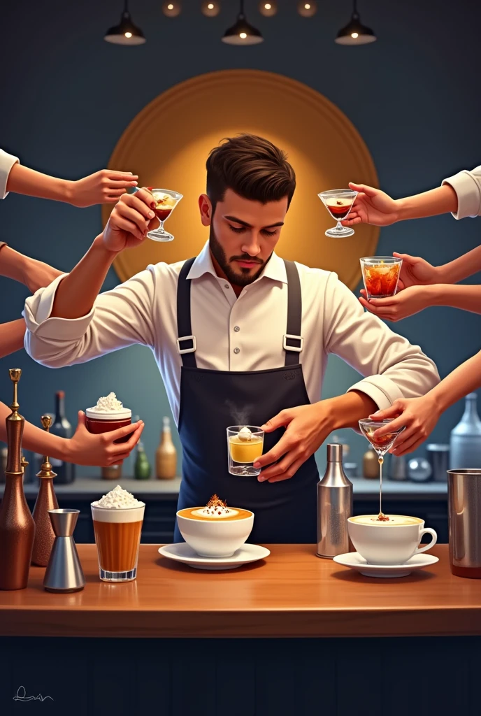 realisitic , barista, with several arms , with various bar utensils ,Boston shake , mudle drink. preparado drinks