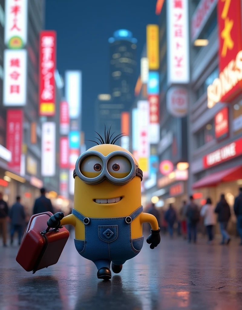 Minion Kevin pulling luggage on his hand.He quickly ran to Shibuya to take a photo with the Hachiko statue.,