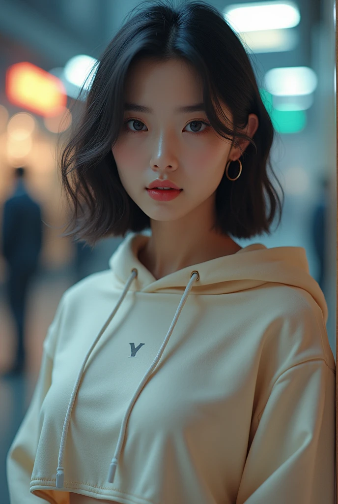 (1 girl, full body) , (beautiful Korean girl, kpop idol:1.5) , (Cute Loose Bob hair:1.5) , (wearing a cropped hoodie, capri sweatpants, high hills:1.5) , (red lips, small breasts, toned stomach, eyelashes, aegyo sal:1.5) , immersive background, depth of field, (detailed face, beautiful detailed eyes, symmetrical eyes) , (volumetric haze, global illumination, dynamic lighting, best illumination, volumetric lighting) , (ultra highres, 8k, realistic, photorealism, photorealistic, hyperrealism:1.5) , (photon mapping, physically-based rendering) ,
