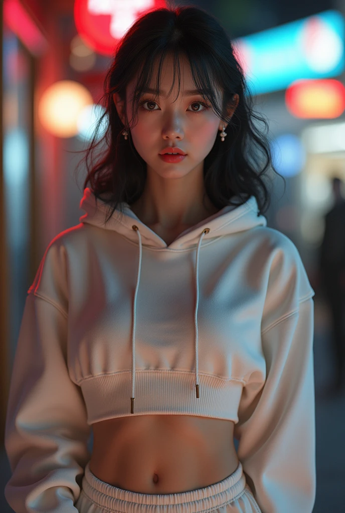(1 girl, full body) , (beautiful Korean girl, kpop idol:1.5) , (Cute Loose Bob hair:1.5) , (wearing a cropped hoodie, capri sweatpants, high hills:1.5) , (red lips, small breasts, toned stomach, eyelashes, aegyo sal:1.5) , immersive background, depth of field, (detailed face, beautiful detailed eyes, symmetrical eyes) , (volumetric haze, global illumination, dynamic lighting, best illumination, volumetric lighting) , (ultra highres, 8k, realistic, photorealism, photorealistic, hyperrealism:1.5) , (photon mapping, physically-based rendering) , 