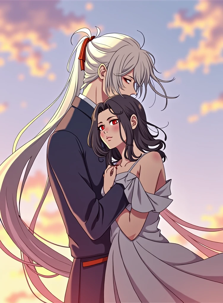 It's going to be a boy with long white hair, tied in a ponytail, He has red eyes and white skin., He's going to be hugging a girl with long black hair, with a sunset background.
anime style