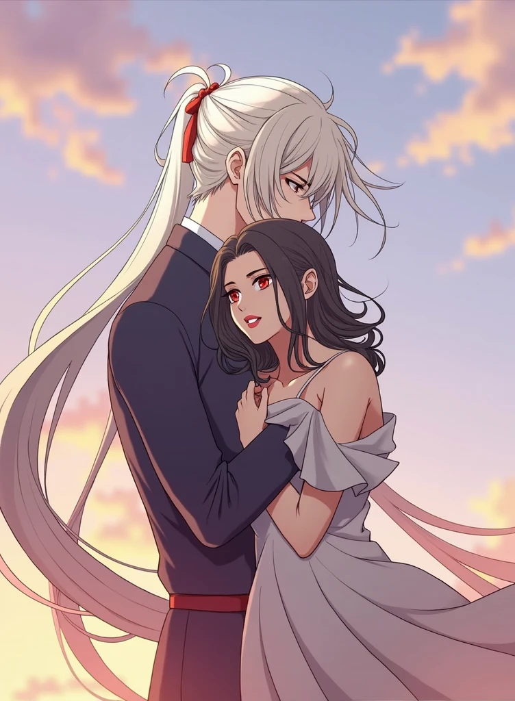It's going to be a boy with long white hair, tied in a ponytail, He has red eyes and white skin., He's going to be hugging a girl with long black hair, with a sunset background.
anime style