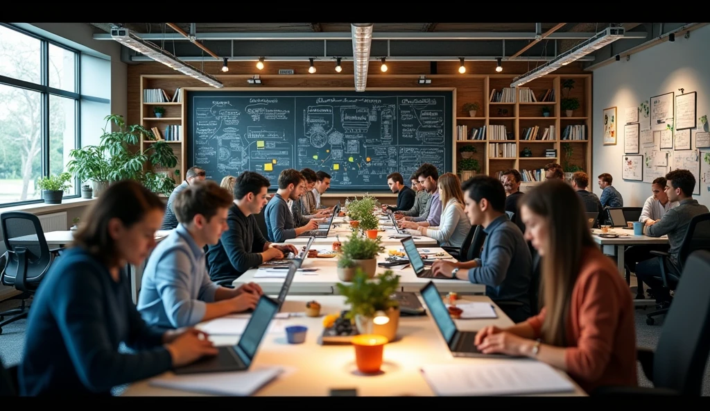 A meticulously crafted image of a bustling startup workspace, illustrating a dedicated team working together on an innovative project. The space is filled with sticky notes, sketches, and advanced prototypes. In the background, there are shelves stocked with books on business strategy and a large chalkboard teeming with ideas. Photorealistic, 8K, (best quality, 4K, 8K, high resolution).
