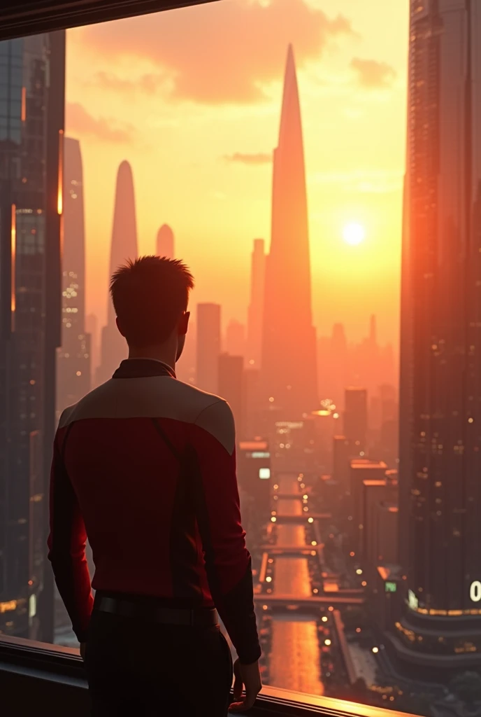 Una foto super realist de una ciudad futurista con edificios altos futuristas de pelicula de star trek, I'm standing in my 15th floor apartment, watching the big city, Photo taken from behind the individual, 8k, UHD, realist, sunset background, golden hour, beautiful view, star trek movie background.