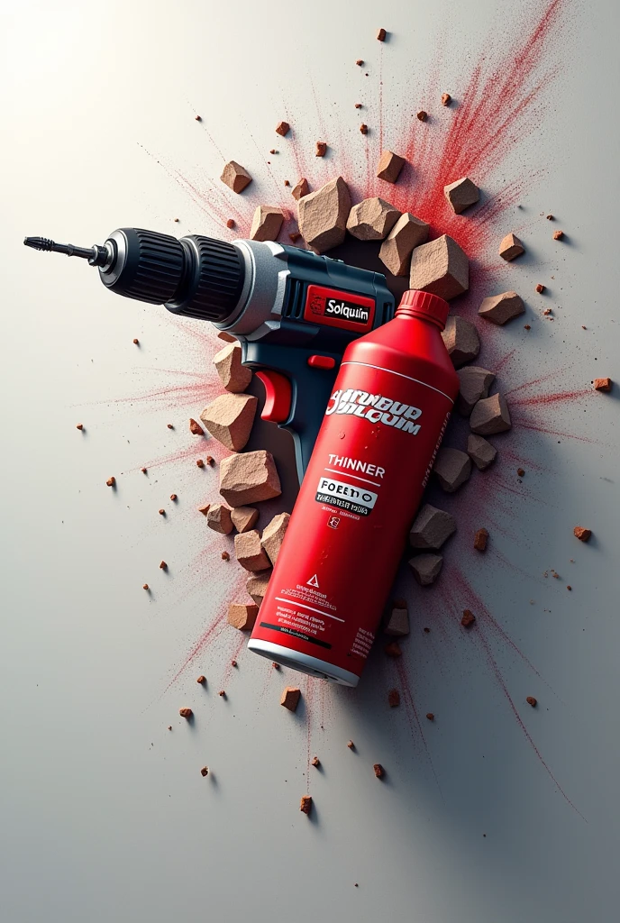 A dynamic and dramatic cover design for a calendar. The scene features a powerful drill in mid-action, drilling through the front cover, with fragments of the material flying outward. As the drill pierces the surface, it reveals the interior, where the logo of Grupo Solquim becomes visible, centered and clearly displayed. Alongside this, prominently positioned is a bottle of Thinner with a red label. The label should include legible text with the product name 'Thinner' and the Grupo Solquim logo. The bottle appears slightly to the side but remains a key focal point, its red label standing out against the neutral background. The overall composition emphasizes the energy and impact of the drill, while the bottle of Thinner and the revealed logo reinforce the branding. The lighting highlights the glossy surface of the bottle and the sharpness of the drill, creating a powerful and cohesive visual narrative.
