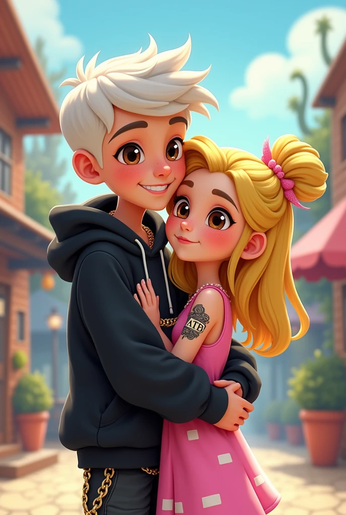 Create a couple of approximately 1 as a Disney-style cartoon ,  that the boy is a little taller, be a rap singer, look tough ,with white hair, brown eyes and have a black hoodie and chains. That the boy has a tattoo on the 3 middle fingers of his right hand that say ATB .The girl is blonde ,  no tattoos, brown eyes with freckles and wearing a pink dress with white squares and the boy is in front and is hugging the girl from behind 